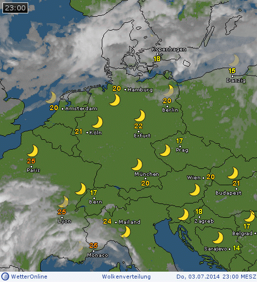 Wolkenverteilung über Deutschland am 03.07.2014 um 23 MESZ